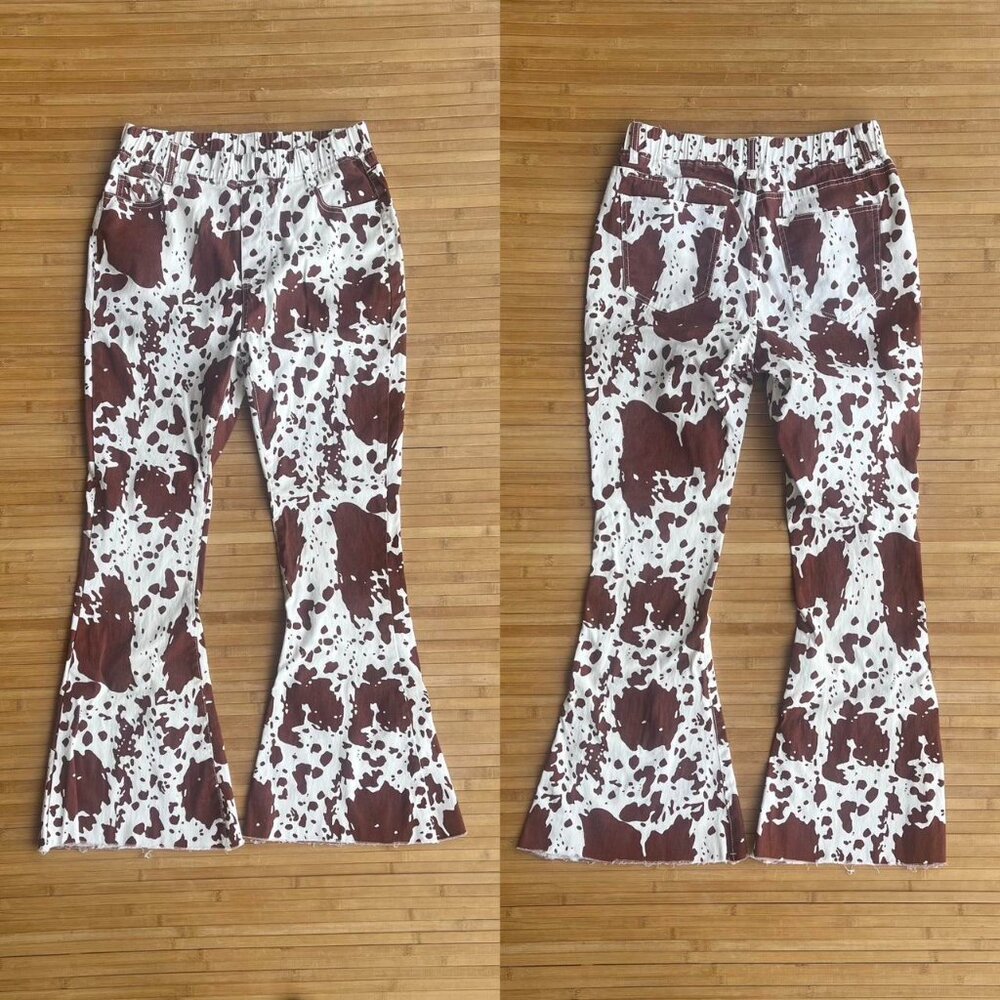 Brown/White Cow Print Flare Pants